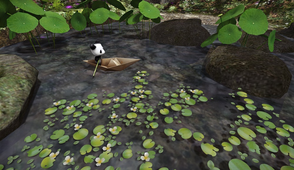 Frog-size panda on a pond